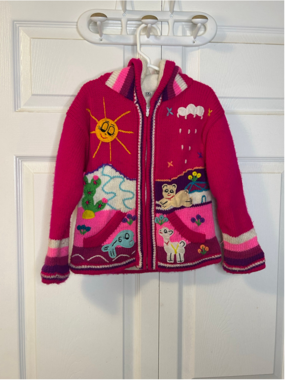 Girls Size 8 Handmade Peruvian Style Wool Cardigan Fleece Lined Pink